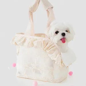Portable Pet Carrier Bag For Small Dogs Cats Breathable Lace Floral Embroidery Handbag Shoulder Travel Bag For Puppy Dog