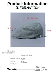 Detailed size specifications for a soft brim washed denim flat cap with dimensions