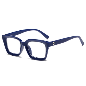 Classic dark blue square full-frame glasses with golden triple-dot accents and clear lenses