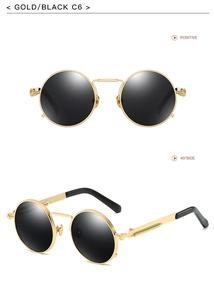 Detailed front and side views of steampunk round sunglasses with gold metal frame and black lenses