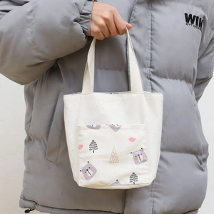 Detail of canvas tote bag with cartoon bear print and a practical front pocket