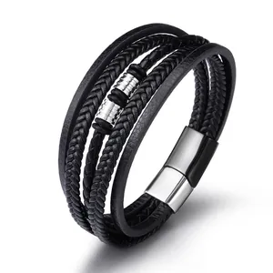 Men's Multi-layer Braided Genuine Leather Bracelet With Stainless Steel Magnetic Clasp Punk Casual Fashion Jewelry