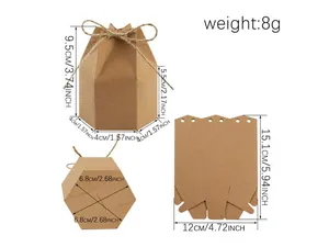 Detailed dimensions of hexagonal kraft paper gift box with jute rope closure specifications