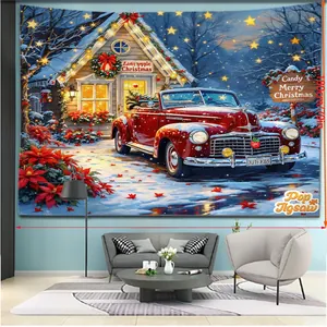 Tapisserie de Noël extra large 300x180cm avec camion vintage rouge et chalet enneigé