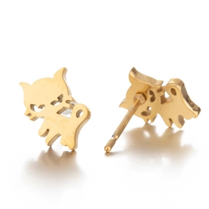 Polished gold stainless steel cat stud earrings for women with minimalist animal design