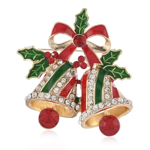 Christmas bell brooch with red and green enamel, gold finish and sparkling rhinestones