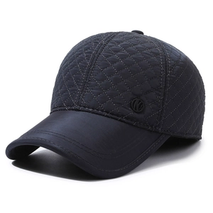 Navy blue quilted baseball cap for men with warm ear flaps and sleek visor