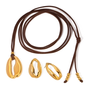 18k gold plated shell necklace with brown braided rope and matching shell earrings set