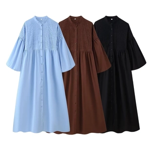 Loose ramie maxi dress with pintuck details and buttons in blue, brown, and black