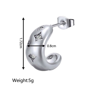 Boucles d'oreilles C vintage en acier inoxydable avec gravures d'étoiles et strass