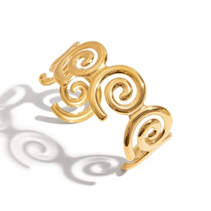 Artistic gold spiral stainless steel open cuff bracelet with minimalist swirl pattern