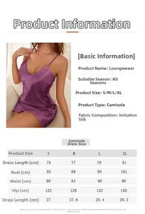 Tableau des tailles détaillé pour nuisette sexy en soie glacée col en V de S à XL