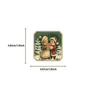 Detailed size view of vintage Christmas sticker featuring children with gift boxes