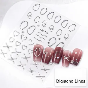 3D silver liquid metal nail stickers with geometric lines and heart crystal accents