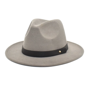 Classic grey wool fedora hat with a black belt strap and gold metal rivet accessory
