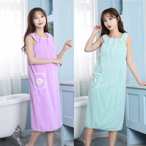 Wearable Bath Towel Wrap Coral Fleece Soft Absorbent Bathrobe Skirt With Pocket Daisy Embroidery For Women Shower Spa