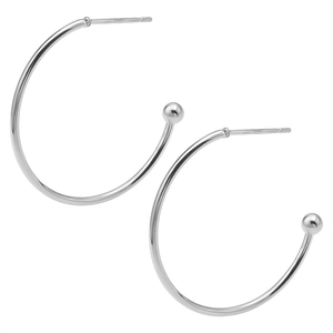 Close-up of polished 18K silver hoop earrings with metal bead detail and stud closure