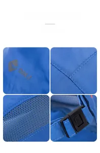 Details des blauen Sonnenhutes mit atmungsaktivem Mesh, Nähten und Schnallenverschluss