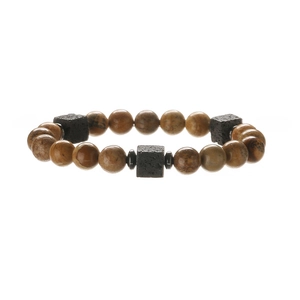 Tiger eye and lava stone beaded bracelet for men with metallic spacers on white background