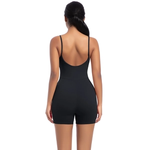 Detailed back view of a black strapless yoga bodysuit with U-shaped open back design