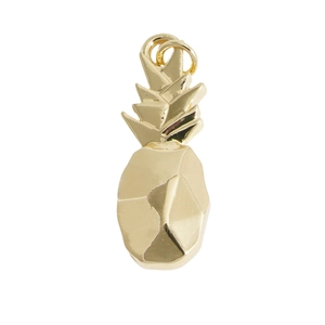 Golden pineapple charm pendant with geometric facets and metallic finish on white background