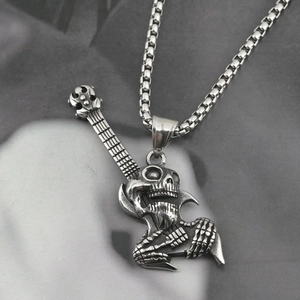 Hip hop titanium steel necklace featuring a rock skull hand gesture guitar pendant