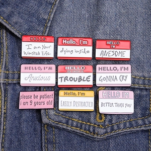 Set of 9 funny enamel conversation bubble pins on denim jacket for clothing decoration