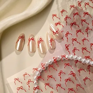 Autocollants Pour Ongles Nœud Papillon Rouge Design 3D Ruban Décalcomanies Adhésives Pour Femmes Décoration Manucure