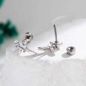 Silver sword cross earrings with square zircon stone on stone base for unisex style