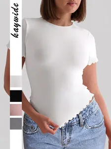 Women Slim Fit T-Shirt Lettuce Edge Short Sleeve Round Neck Ribbed Knit Polyester Solid Casual Sporty Top