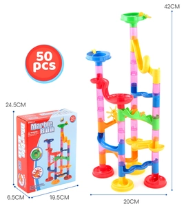 DIY marble run toy set with 50 colorful pieces showing packaging box and 42cm tower