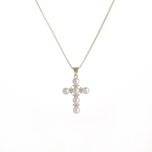 Cross Pendant Necklace Copper Micro Pave Zircon Imitation Artificial Pearl Box Chain Elegant Religious Style Jewelry Gift For Women