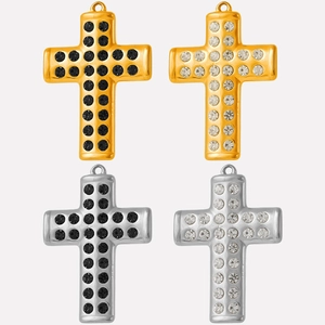 Detail view of four 304 stainless steel cross pendants in gold and silver with rhinestones