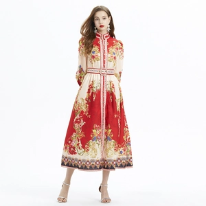 Vintage retro maxi-jurk met bloemenprint, lantaarnmouwen en tailleriem in rood en beige