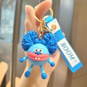 Detailed shot of blue cartoon monster keychain with BOOM! strap and golden ring