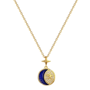Titanium steel moon and star pendant necklace with blue enamel and sparkling crystals