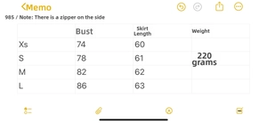 Size chart for floral mini dress showing bust and length measurements from XS to L