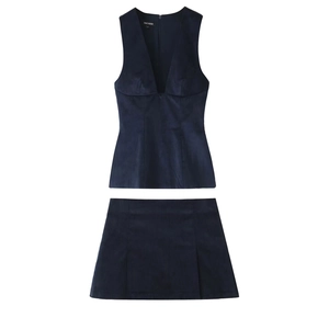 Women Corduroy Sleeveless Deep V Neck Vest Top And A Line Mini Skirt Streetwear Casual