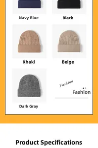 Winter fleece-lined ribbed knit beanies shown in navy blue, black, khaki, beige and dark grey