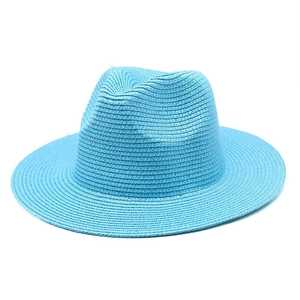 Classic blue woven straw Panama fedora hat for summer sun protection and outdoor beach wear