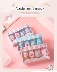 Detail of cute dessert bunny erasers set featuring ice cream and animal shapes in boxes