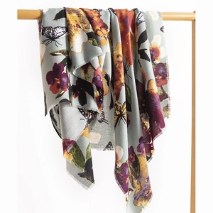 Winter faux cashmere scarf with vintage butterfly floral print and elegant fringe details
