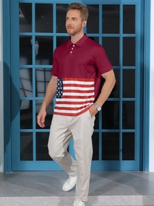 Close-up of men's polo shirt featuring a burgundy collar and American flag printed patterns