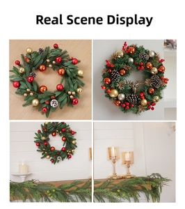 Detailed views of Christmas wreath with pine cones and red berries in cozy home settings
