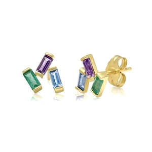 Detail of S925 silver stud earrings with purple green and blue rectangular crystals
