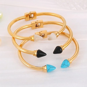 Fashion Cone Pointed Open Cuff Bangle Stainless Steel Gold Plated Turquoise Inlaid Hinge Bracelet For Women