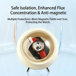 Automatic watch winder in matte beige with protective antimagnetic shield design