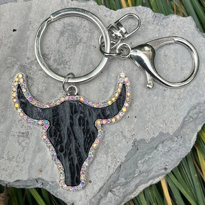 Western bull head keychain with black leather inlay and iridescent rhinestones on stone