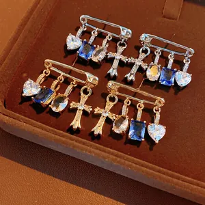 Heart Cross Zirconia Safety Pin Drop Earrings Copper Body With Silver Earring Post Punk Chic Luxury Style Women