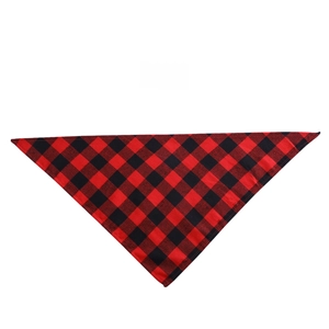 Detailed front view of red and black buffalo plaid cotton dog bandana accessory